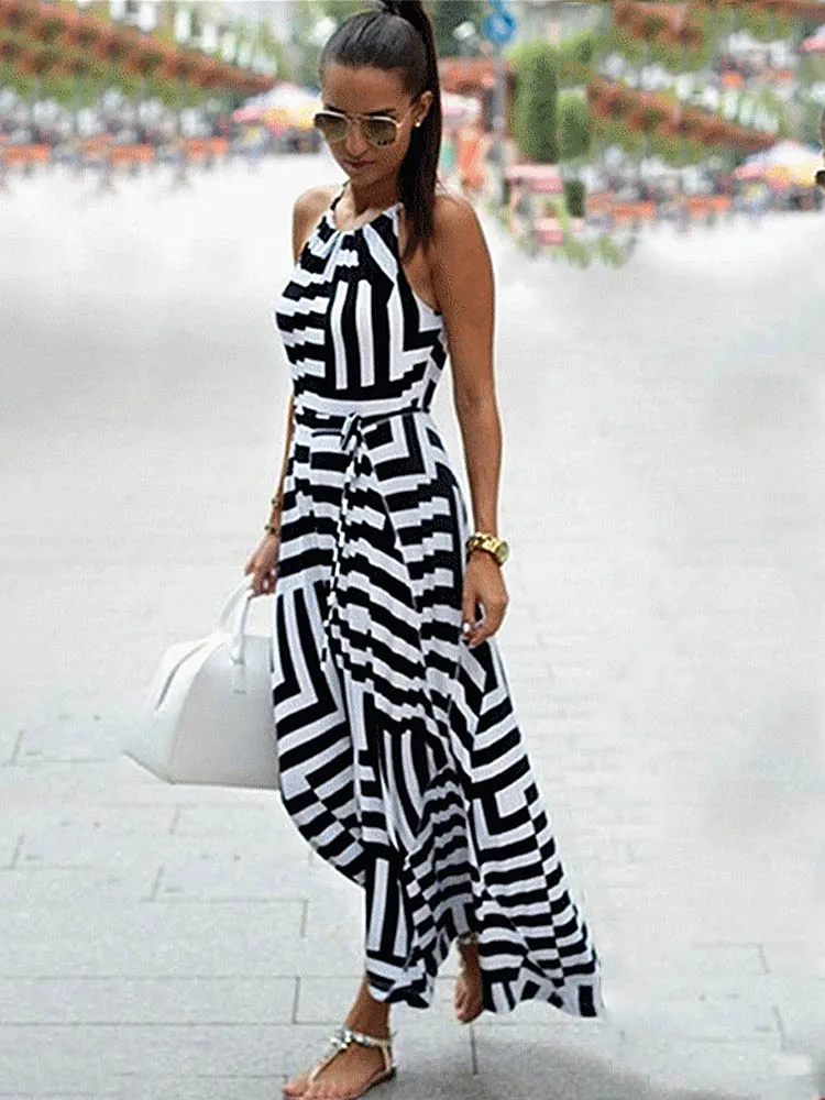 

Платье женское длинное в полоску, пикантный пляжный сарафан в стиле бохо, без рукавов, на бретелях, летняя одежда Bigsweety