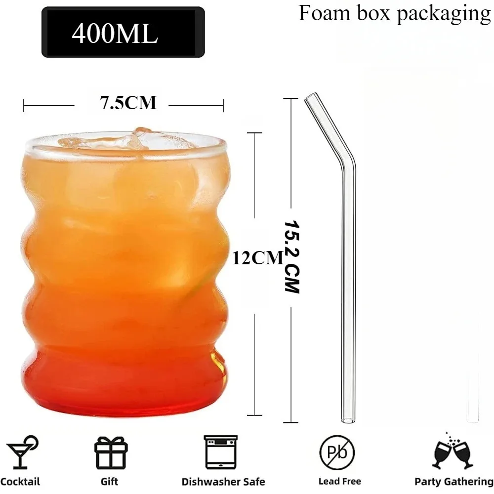400/13 Oz Glass 1/4 Set Wave Bubble Drink Cup Iced American Coffee Cup BPA Free Reusable for Cocktail Whiskey Bar Party