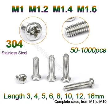 미니 마이크로 소형 스테인레스 스틸 크로스 필립스 팬 라운드 헤드 나사 볼트, M1 M1.2 M1.4 M1.6 304, L 3,4,5,6,8,10,12,16mm, 50-1000pc
