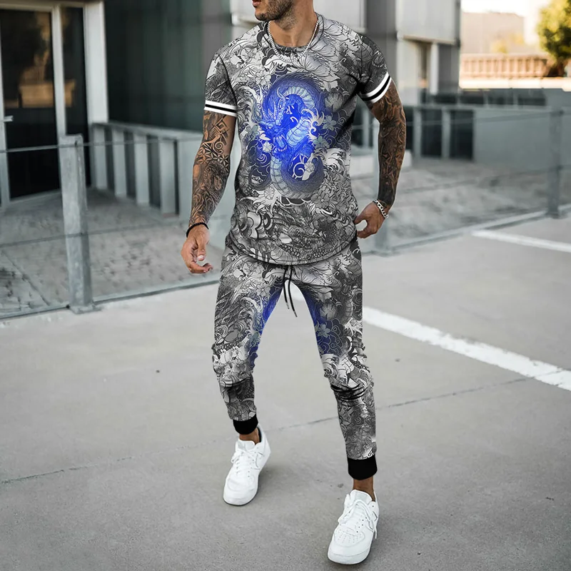 2023 Fashion Suit Summer Men's Sportswear Urban Men's Animal 3D Printed Short Sleeve T-shirt Trousers 2 Sets Casual Oversized