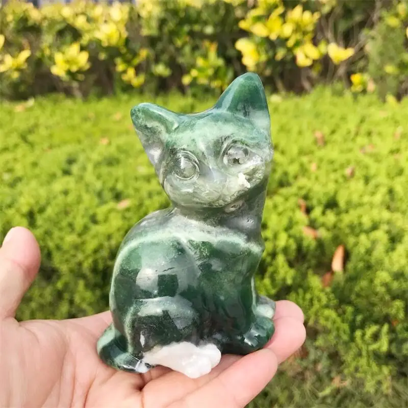 

10CM Natural Moss Agate Cat Gemstone Animal Statue Reiki Crystals And Stones Healing Desk Room Decor