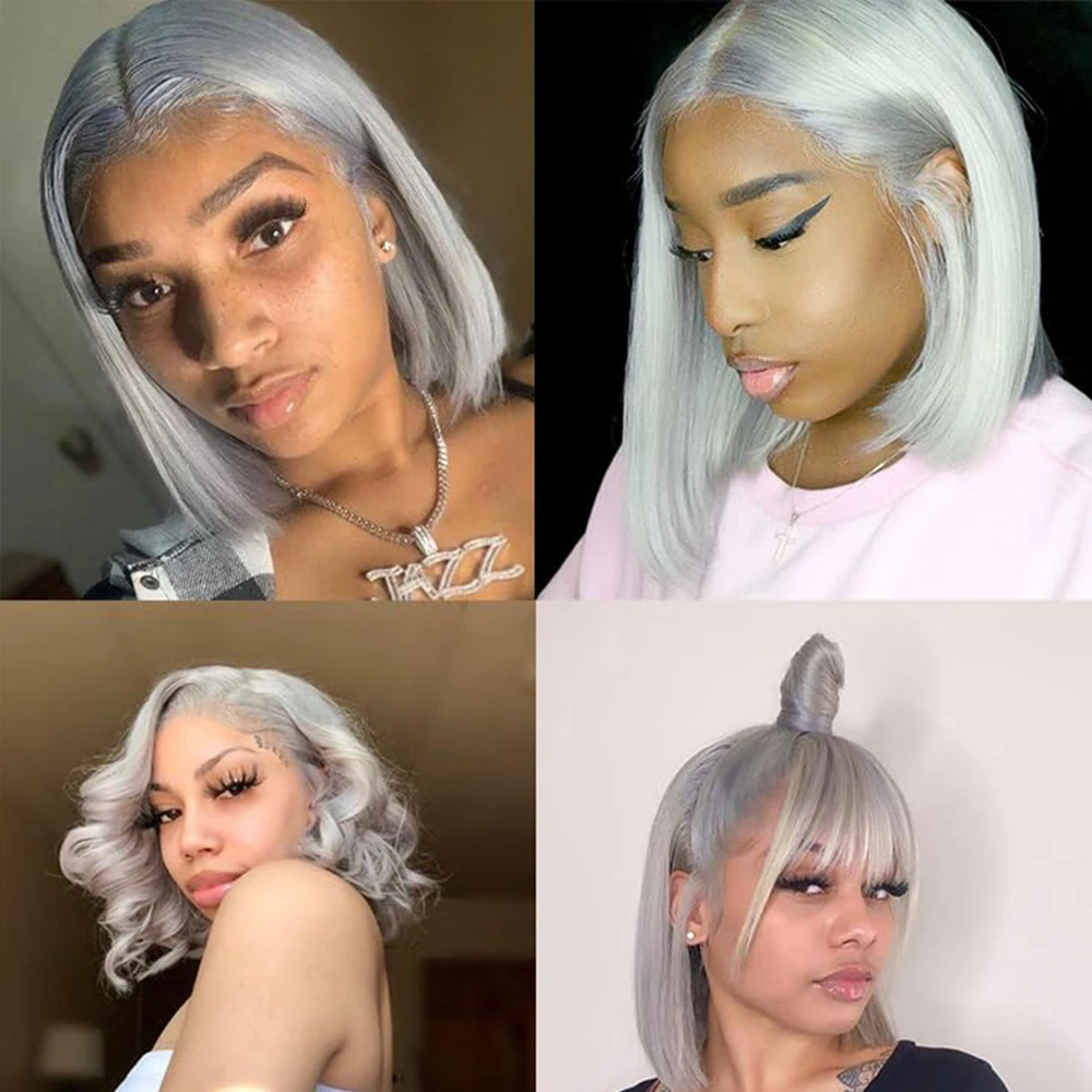 

250% плотность короткий Боб кружевной парик 13X4 HD прозрачный 100% полный кружевной передний парик серебристо-серый Боб кружевной передний парик из человеческих волос для женщин