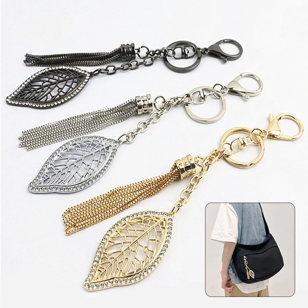 Creative Leaf Shape Keychains With Metal Tassel Chain Rhinestones Bag Hanging Pendant Charms Diy Bag Accessories Ornament