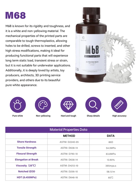 RESIONE M68 Resina Per Stampante 3D Resistente - Bianca, Non Fragile, 1000g Per LCD UV - Foto 3