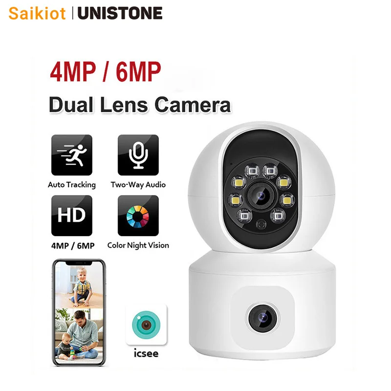 Saikiot 4Mp 6Mp Icsee Dual Lens Wifi Camera Wide View Cctv Home Security Icsee Camera Visione Notturna Indoor Icsee Wifi Camera