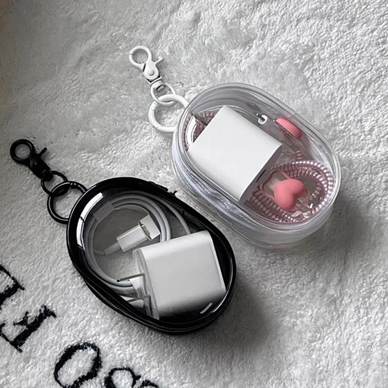 Black White Oval PVC Transparent Cosmetic Bag Organizer Doll Display Bag Portable Earphone Coin Data Cable Charger Storage Pouch storage bag