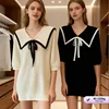 Plus size french style bow tie peter pan collar top for women 40–150kg ice silk loose short sleeve oversize blouse