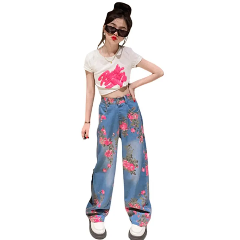 

MODX England Style Kids Top Tees Suit Girls T-Shirt + Floral Pants Set Flowers Printed Children 2 Pieces Clothing For 4-14 Yrs
