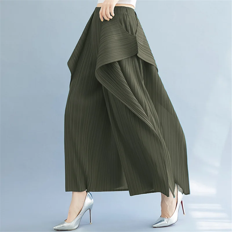 

ALSEY Miyak Pleated Irregular Split Fork Wide Leg Pants Slim Solid Color Elastic Waist Design Casual Women Plus Size Trousers