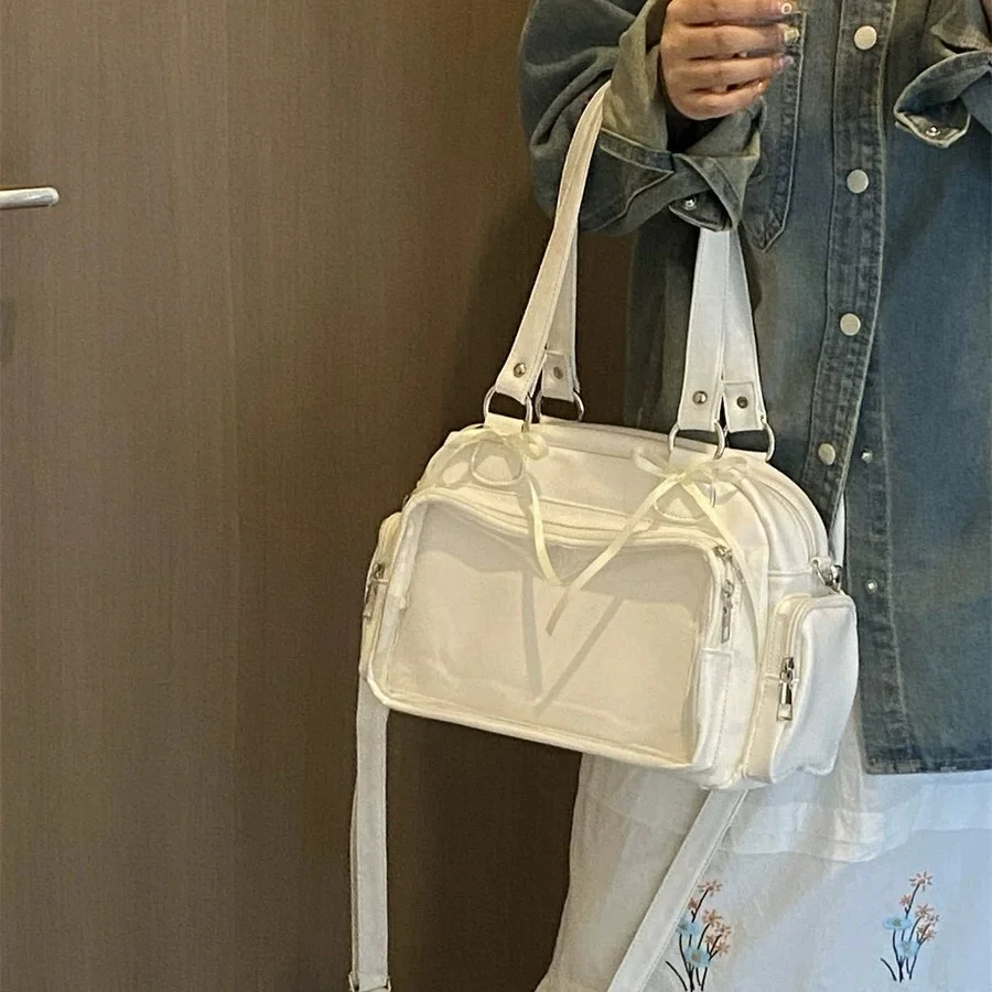 귀여운 리본 장식 이타 숄더백, 투명창 핸드백, 멀티 포켓 데일리 토트백, 탈부착 가능한 크로스바디 스트랩, 캐주얼 데일리 캐리백