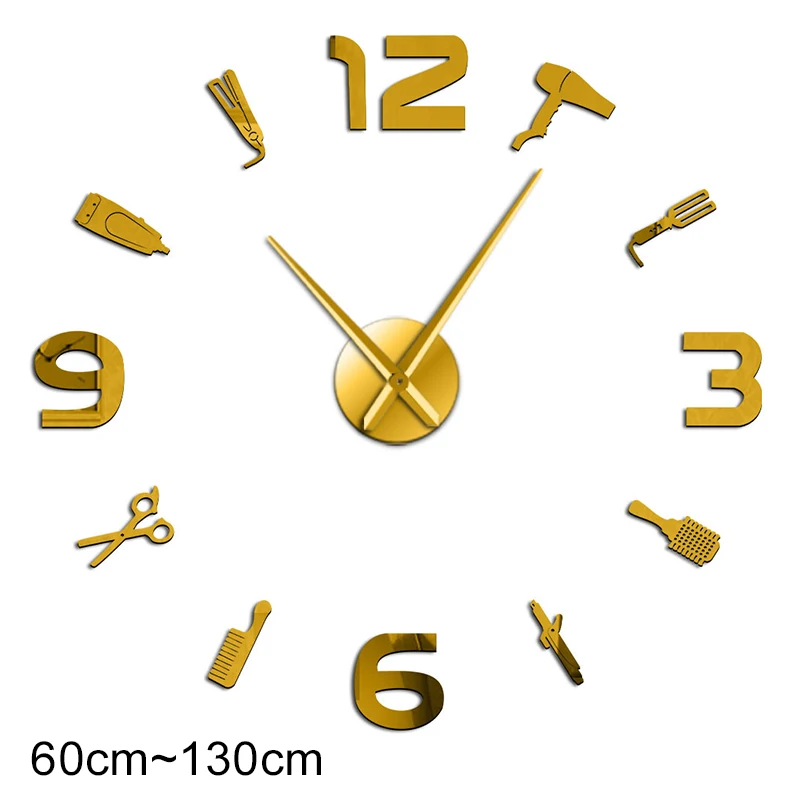 Barber Shop Giant DIY Wall Clock Modern Design Barbershop Decoration 3D DIY Wall Mirror sticker Hair Stylist Hairdresser Gift 
