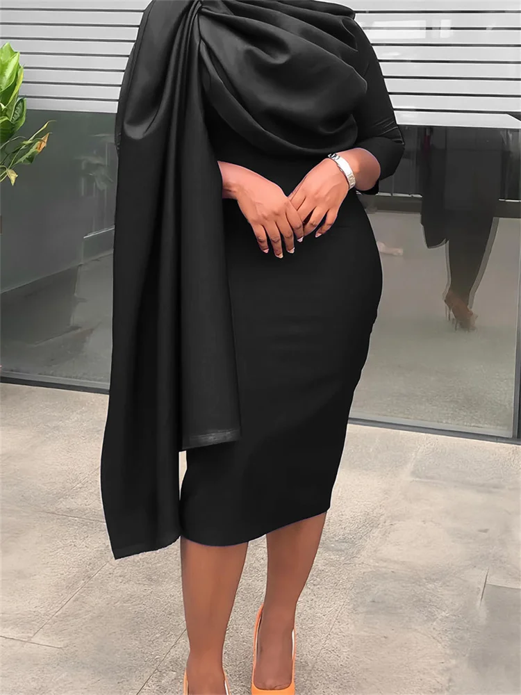 Wmstar Women Dress Elegant Casual Solid Color Stacked Neck Long Sleeve Ruffled Slim Skinny Bodycon Evening Night Club Dresses