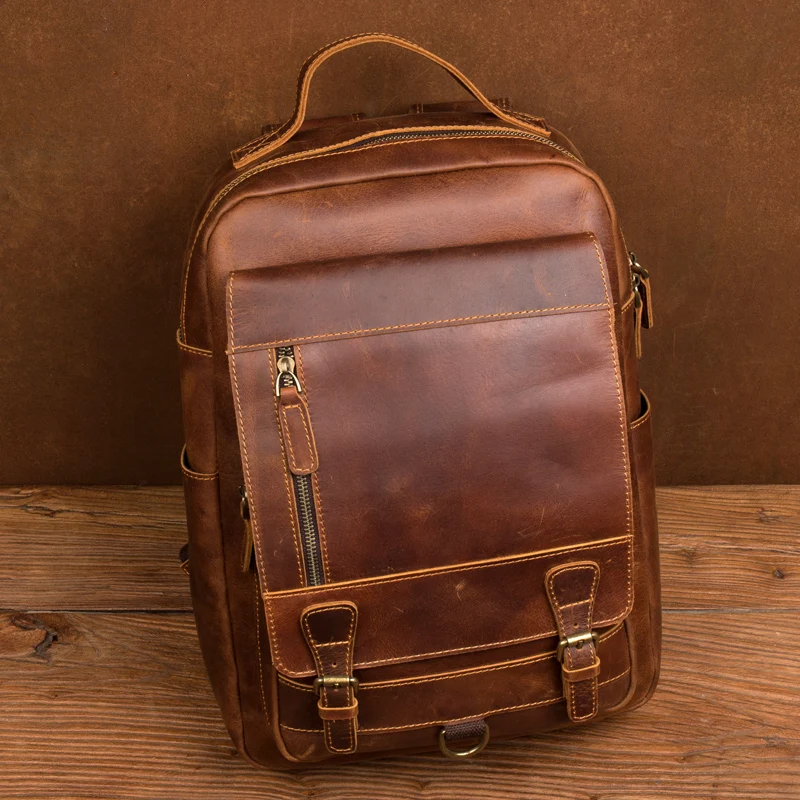 Men's crazy horse leather shoulder bag handmade backpack leather travel bag retro leather shoulder bag
