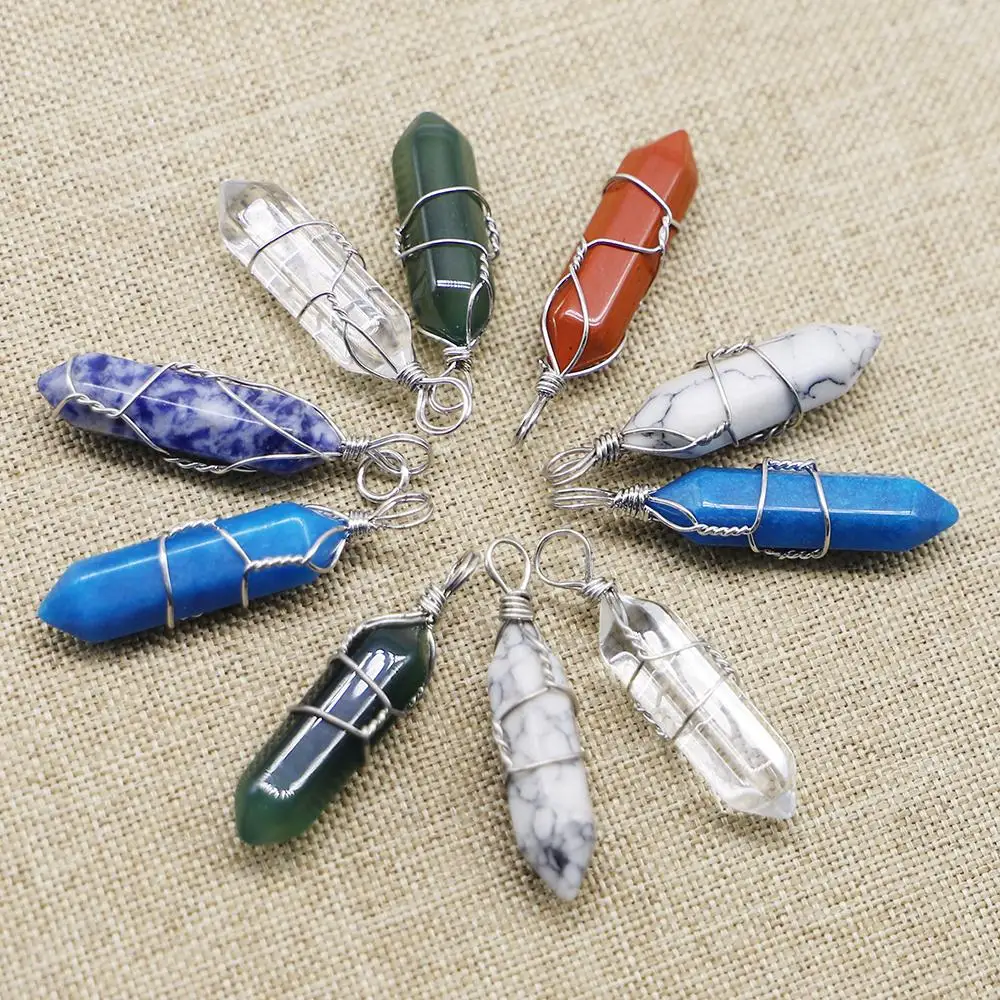 

Free Shipping Natural Stone Hxagon Pendant Handmade Wound Silver Wire Bullet Jewelry Making Necklace Accessories Wholesale 10Pcs
