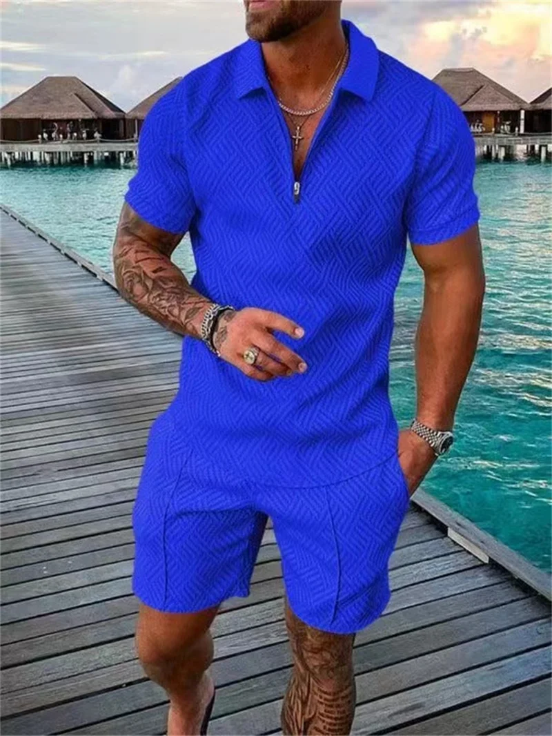 Men's Solid Color Two-piece Sets Casual Zipper Lapel Neck Pullover POLO Shirt Loose Waist Shorts Summer Daily Sports Male Suit 2