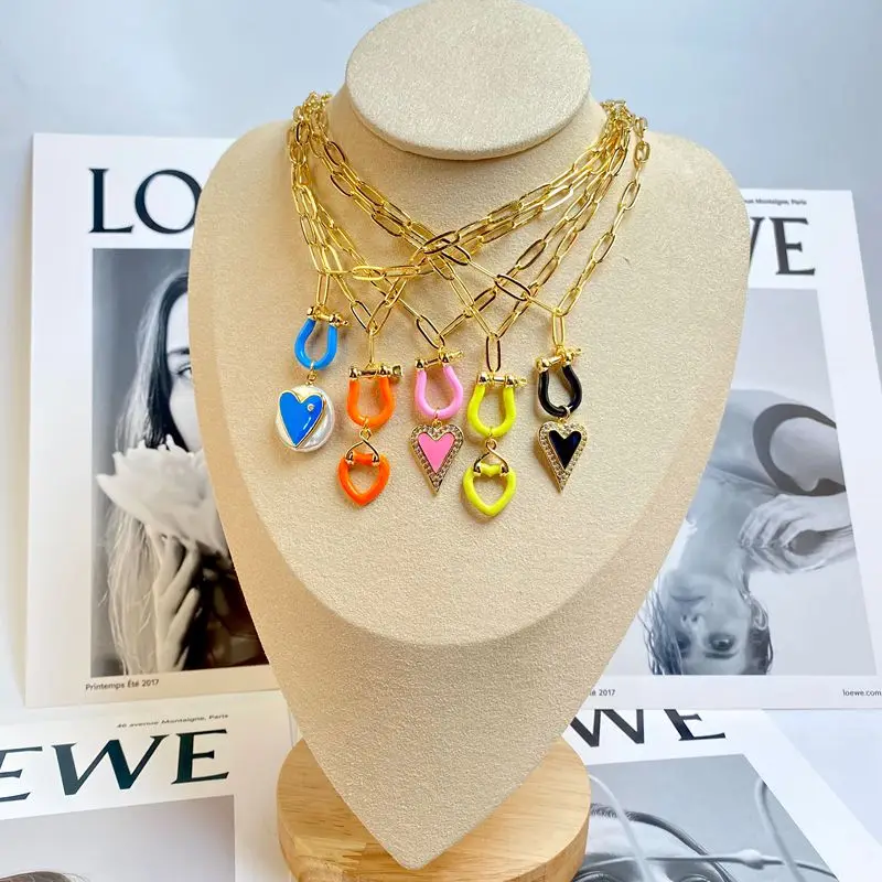 

5Pcs Heart Shaped Enamel Pendant Necklace Fashion Jewelry Chain Gold Plated Necklace Women Wedding Party Jewelry