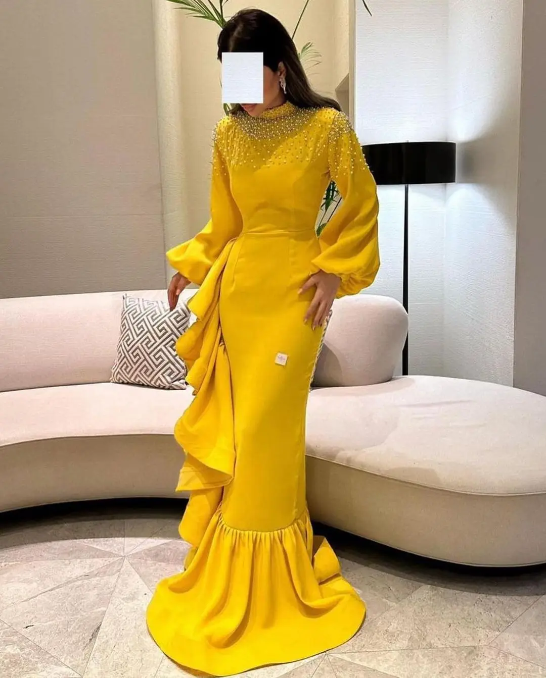 

Saudi Arabia Women's Evening Dresses Mermaid Yellow Satin O-Neck Beadings Ruffles Formal Occasion Dress Prom Dress