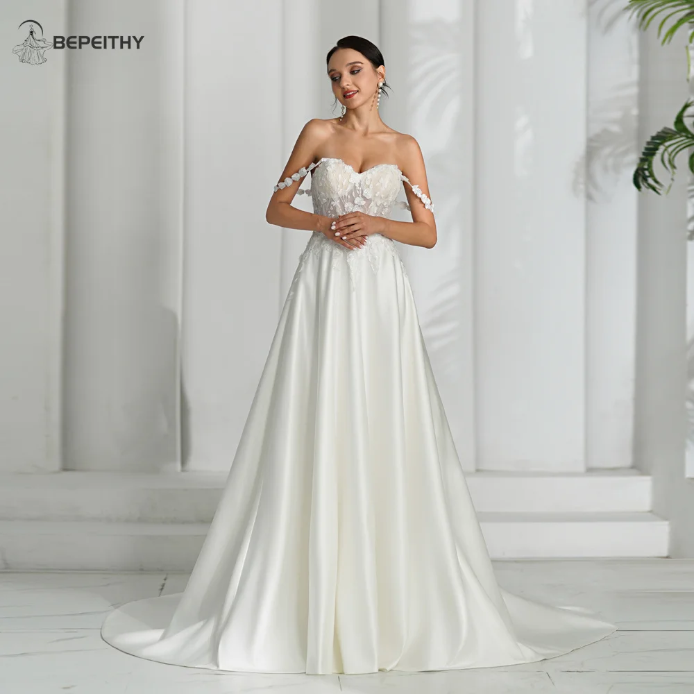 

BEPEITHY Sweetheart Ivory A Line Wedding Dresses 2023 For Women Sleeveless Off Shoulder Boho Ivory Bride Satin Bridal Gown 2024