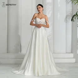 BEPEITHY Sweetheart Ivory A Line Wedding Dresses 2023 For Women Sleeveless Off Shoulder Boho Ivory Bride Satin Bridal Gown 2024