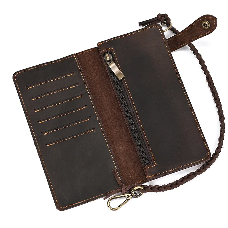 Vintage Crazy Horse Leather Long Wallet with Chain for Men, RFID Blocking Wallet