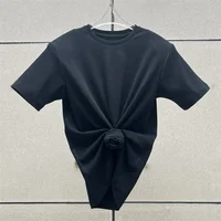 T-shirt femme 2025 été nouveau haut à manches courtes tricoté élastique fleur 3D décoré col rond pull pur coton haut court 5