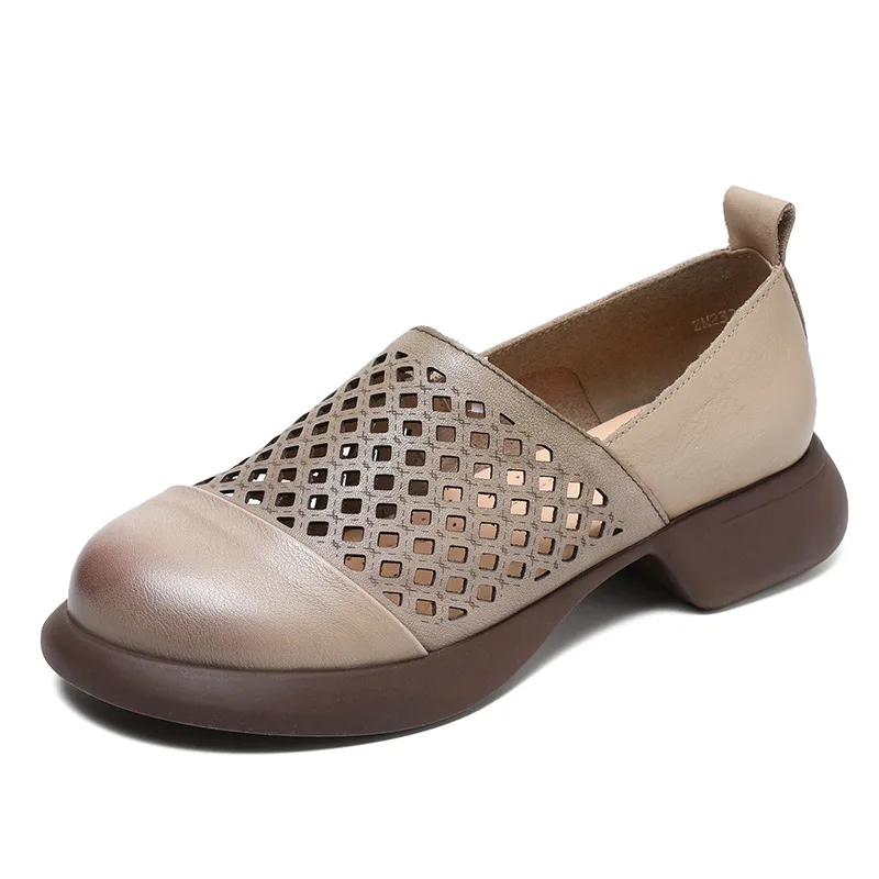 

Summer Genuine Leather Women's Shoes Perforated Breathable Cowhide Women's Sandals Flat Shoes Mom's Gift