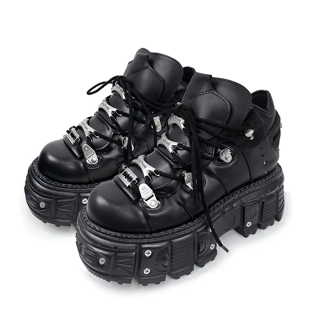 New Women Shoes Punk Style Lace-up Heel Height 6CM Platform Shoes Woman Gothic Ankle Rock Boots Metal Decor Woman Sneakers