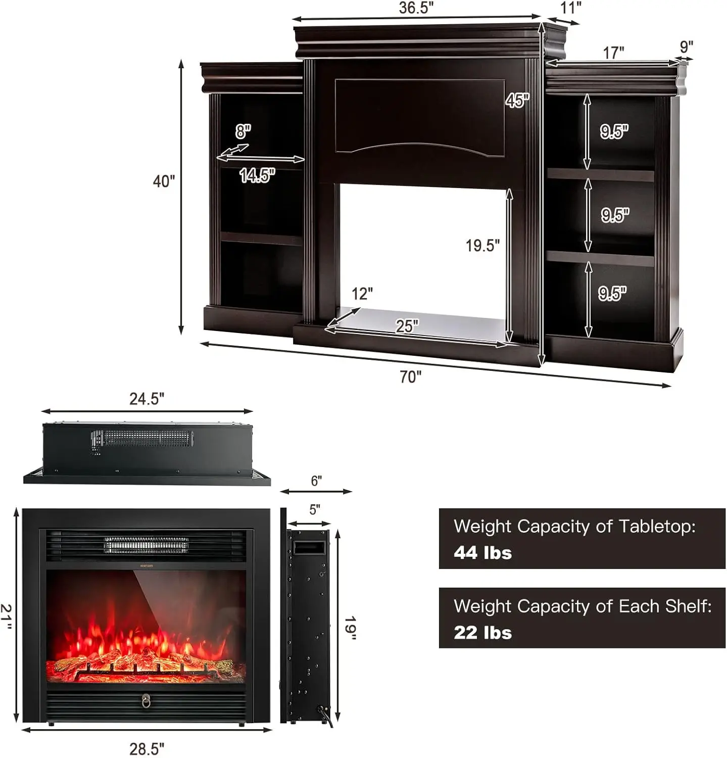 70" Mantel Fireplace TV Stand 750W/1500W Electric Fireplace Heater Insert Cabinet w/Remote Control 1-8H Timer 5-Brightness