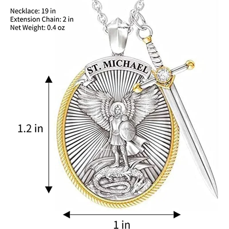 St. Michael Pendant Necklace , Men's Archangel Michael Viking Necklace Pendant, Saint Medal with Sword Shield