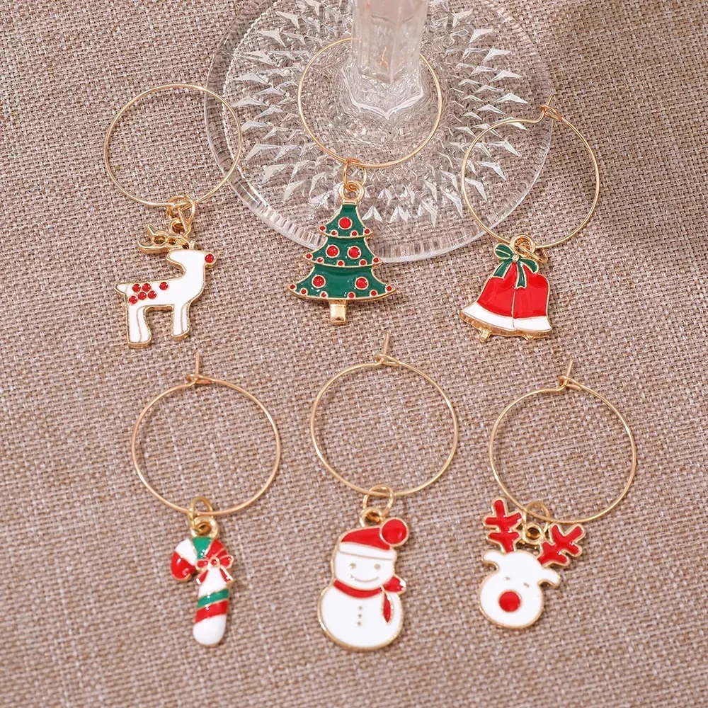 6pcs/set Christmas Wine Glasses Decoration Charm Party New Year's Cup Ring Decoration 2024 Christmas Charms Home Decoration