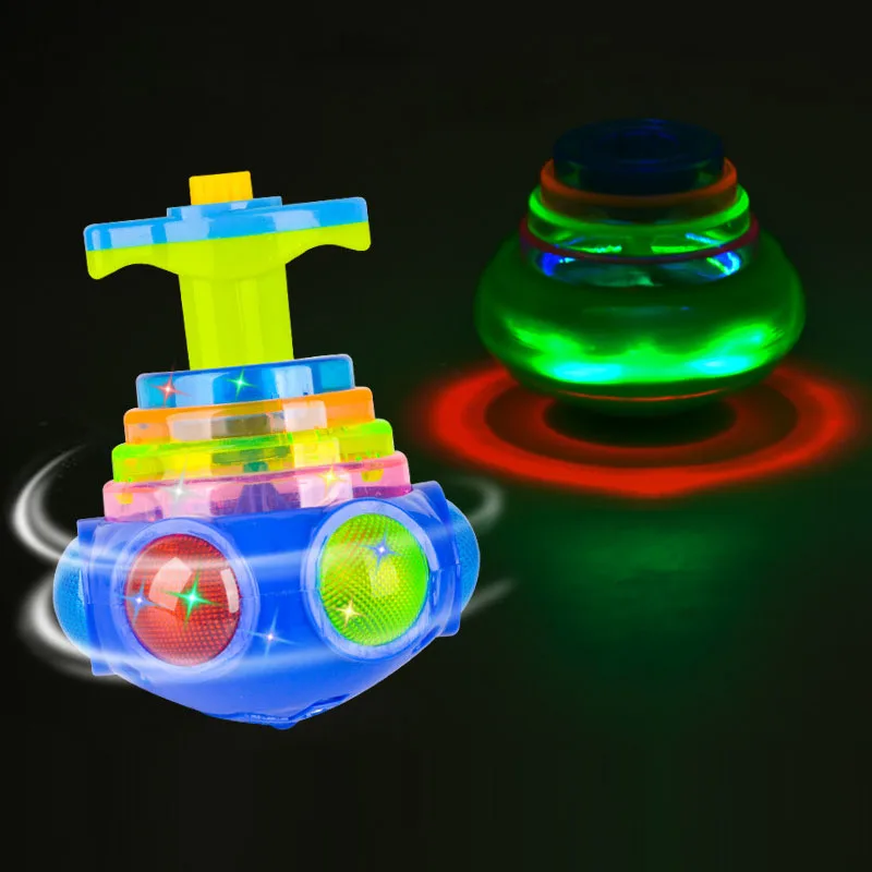 UFO Flashing spinning top toy Kids Gyro Light Up Piggy LED Music Gyroscope Launcher Rotating Toys Fun Birthday Party Favors