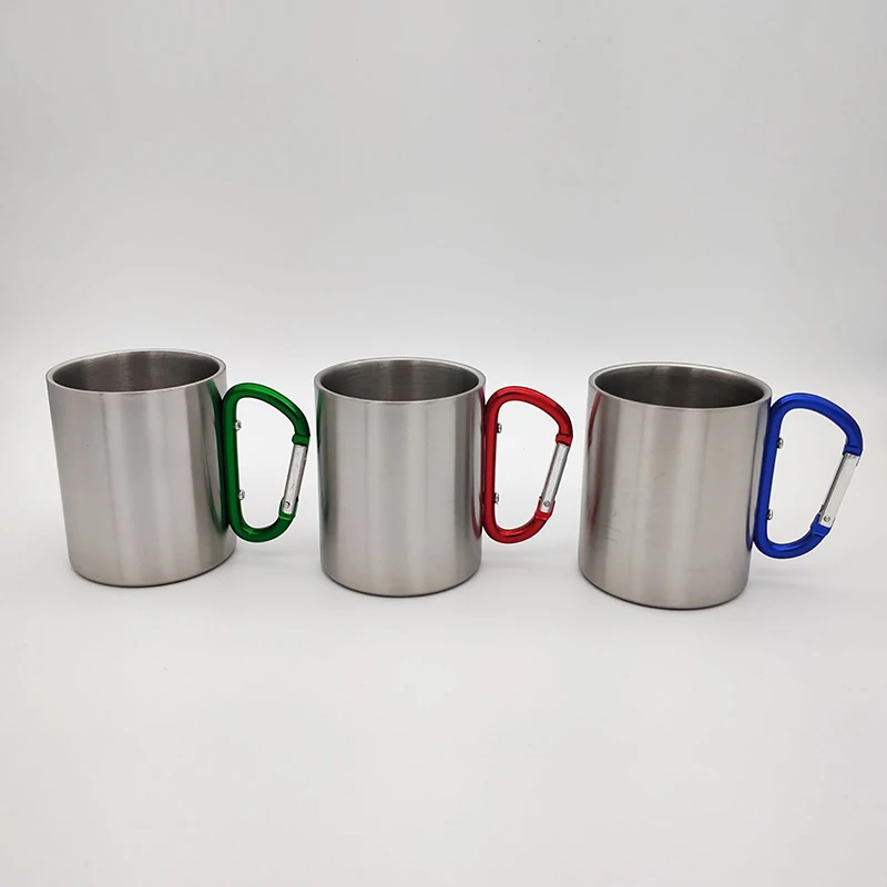 Portable Cups 220/300ml Isolating Travel Mug Double Wall Stainless Steel Outdoor Children Cup Carabiner Hook Handle Heat Resistance Camping
