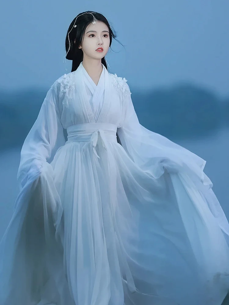 Hanfu Cross Collar Ancient Costume White Waist-High Ruqun Wide Sleeve Dance