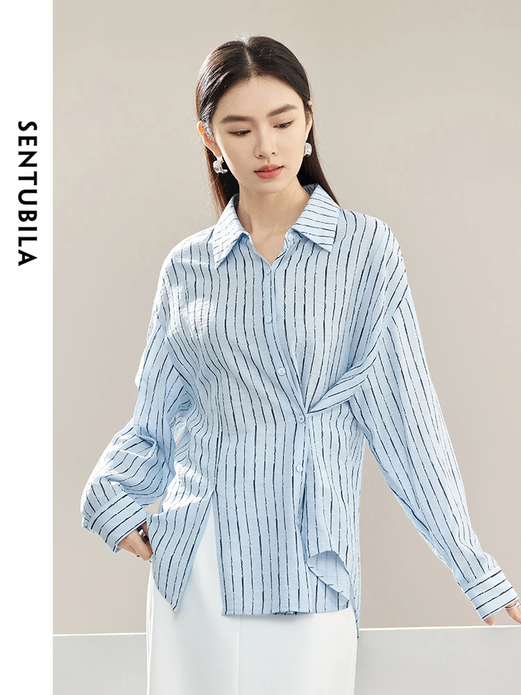 

SENTUBILA Contrast Striped Thin Loose Button Up Shirt 2024 Spring Fashion Split Polo Collar Blouse Woman Clothing 141C53353