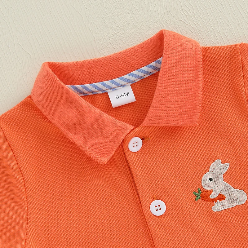 Adorable Baby Boys Easter Outfits with Bunny Embroidery on Short Sleeves T-Shirt and Elastic Carrot Stripe Shorts Set - 2 Piece 5