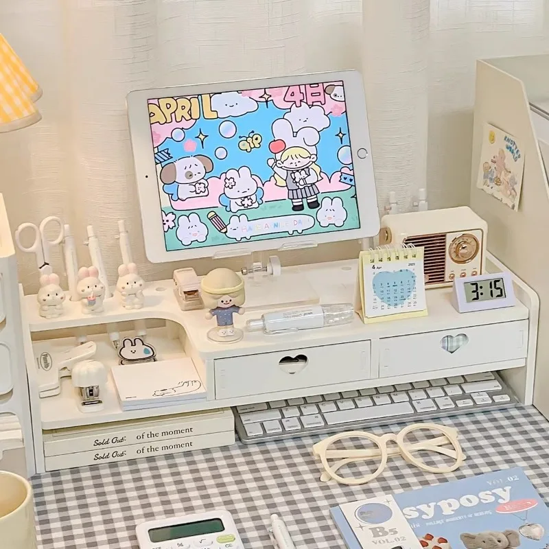 Desktop Storage Drawer Computer Monitor Base Office Stationery Shelf With Drawers Creative Storage Rack Office Storages Supplies