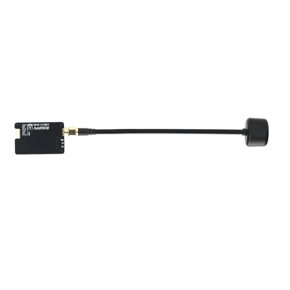 Antenne longue portée du module émetteur RUSHFPV 3.3G 2W VTX avec DVR, dépliée à côté du module.
