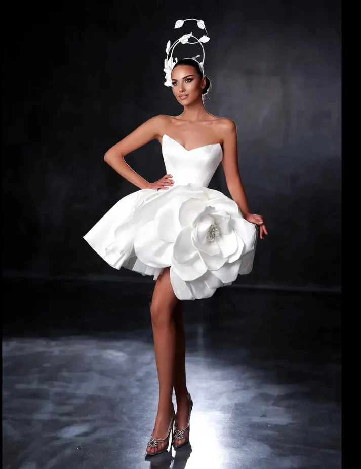 Garden Pure White Handmade Flower Short Cocktail Party Dresses Strapless Mini Bloom Bridal Dress Lace Up Back