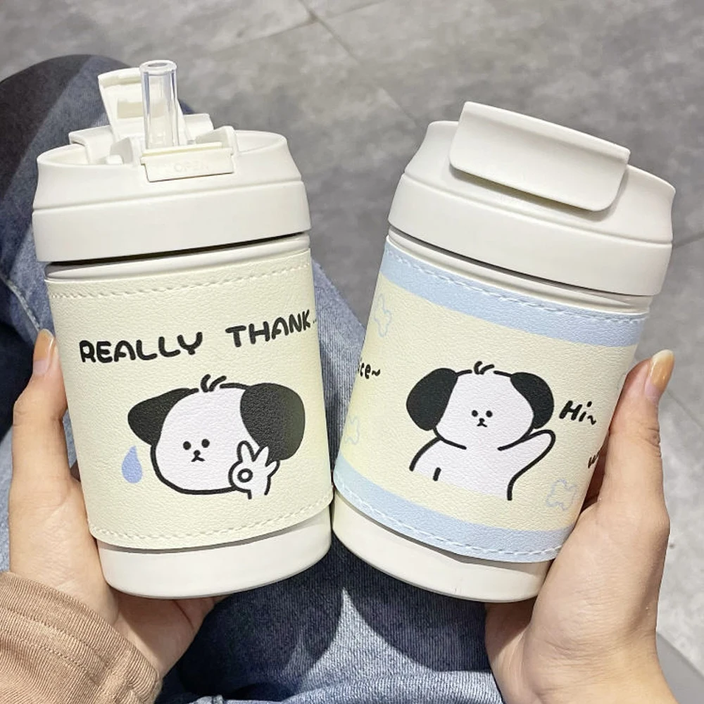 

400ML Cute Thermal Bottle Girls Travel Thermos Coffee Mug With Straw Portable Stainless Steel Tumbler Milk Coffee Insulated Cup