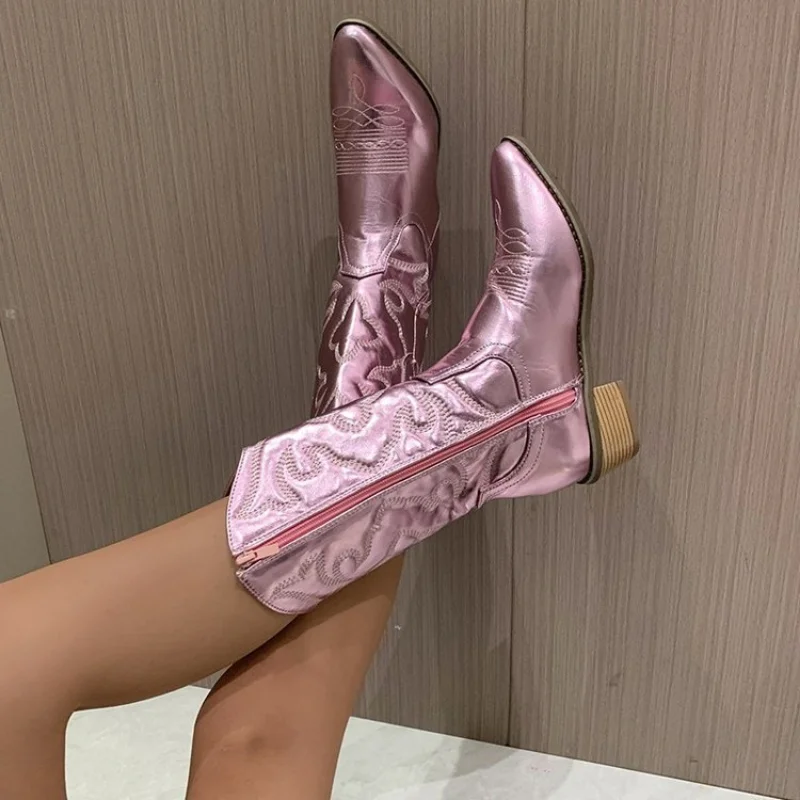 Cowboy Western Boots for Women Shiny Metallic Women's Embroidery Knee High Stiletto Pointed Toe Pink Shoes For Dropshipping