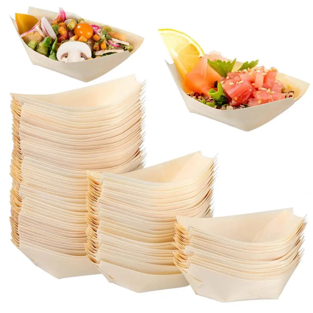 Party Tableware Disposable Food Trays 100Pcs Sushi Serving Boat Japanese Style Solid Wood Disposable Dessert Salad Appetizer Food Serving Plate Tray Kitchen Supplies