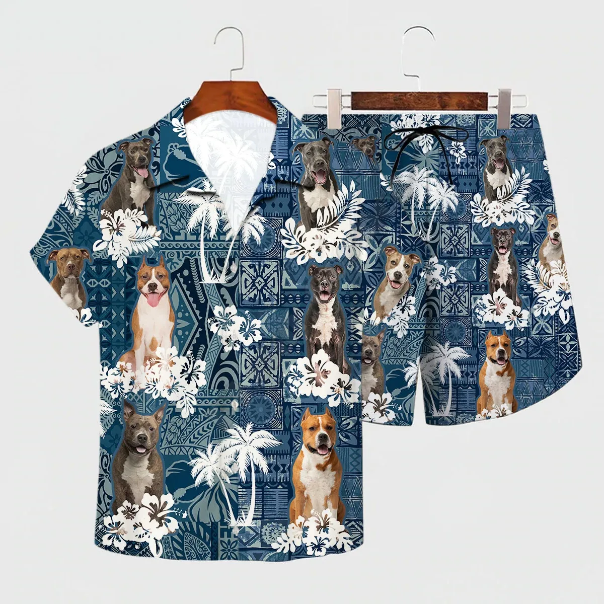 Shirt Summer American Staffordshire Terrier Hawaiian Set 3D Printed Hawaii Shirt + Beach Shorts Men For Women Funny Dog Clothes