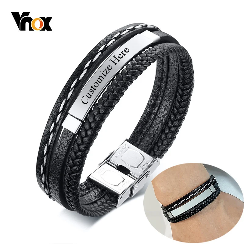 Vnox Custom Logo Name Quote Engrave Multi-layer Leather Bracelets for Men Stainless Steel ID Bangle Personalize Jewelry 1pcs fabric watch bangle bracelet pillow jewelry display stand velvet rack pillow for jewelry organizer storage holder wholesale