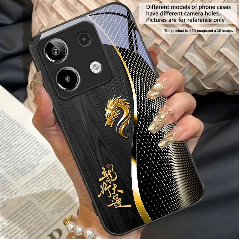 Elegant Black Tempered Glass Phone Case with Traditional Dragon Totem Design
