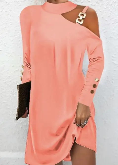 

Women's Simple Metal Buckle Halter Button Dress Temperament Commuting Fashion Summer Female Elegant Long Sleeve Dresses