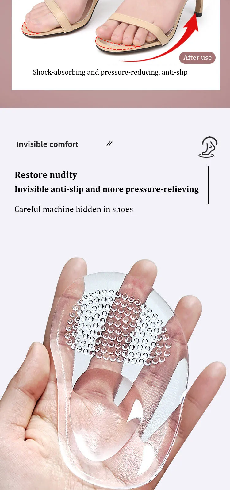 Vorfuß Pads Orthopädische Einlegesohlen Frauen Weiche Silikon Gel Kissen Lindern Fuß Schmerzen Mittelfuß Unterstützung Einsatz Pad Schuhe Einlegesohlen – Detail 6