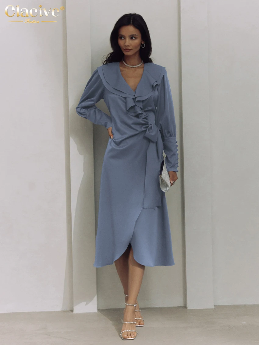 Clacive Fashion Loose Blue Satin Women'S Dress 2024 Casual Lapel Long Sleeve Midi Dresses Elegant Classic Lace-Up Female Dress