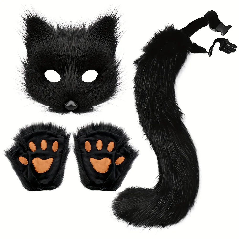 Fluffy Fur Fox Tail  Cat Paws Gloves Set - Wolf Mask Halloween Cosplay Accessories