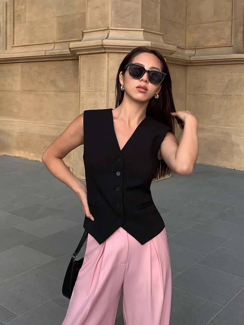 Black V-neck Suit Vest Women's New Retro Fashion Waist