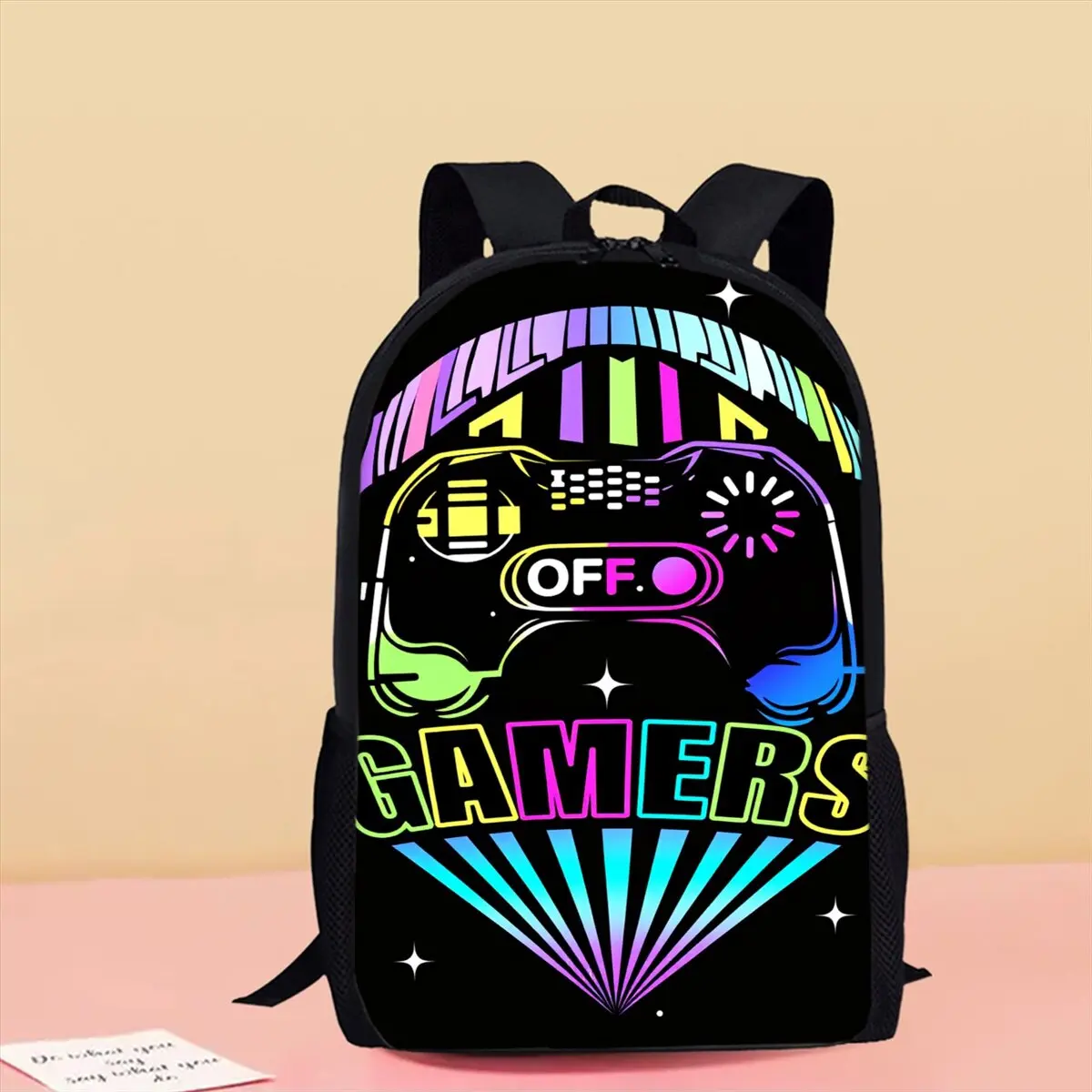 2D cartoon gamer school bag open compartment interior